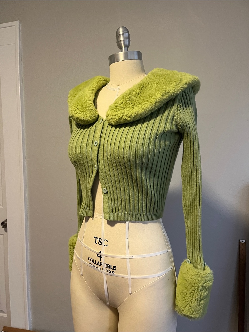 House of Sunny Lime Green Ribbed Cardigan with Faux Fur Collar & Cuffs
